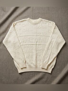 Premier Vintage Dana Hayes Knit Sweater Cream Monogram Spell Out Mens XL